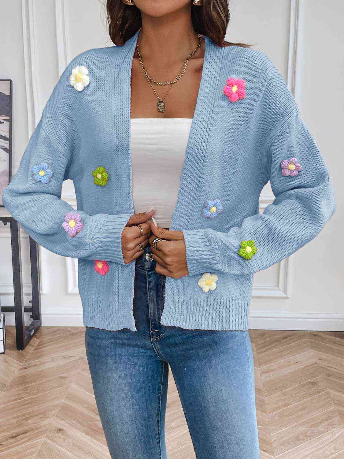 Sweet Embroidered Floral Open Front Cardigan