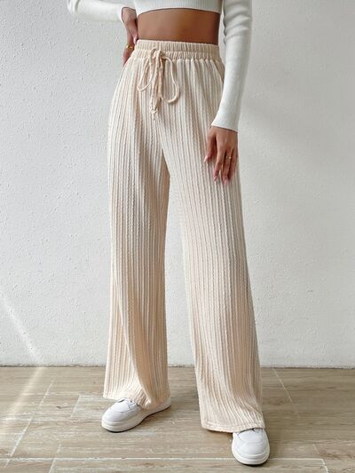 Beige Drawstring Wide Leg Pants