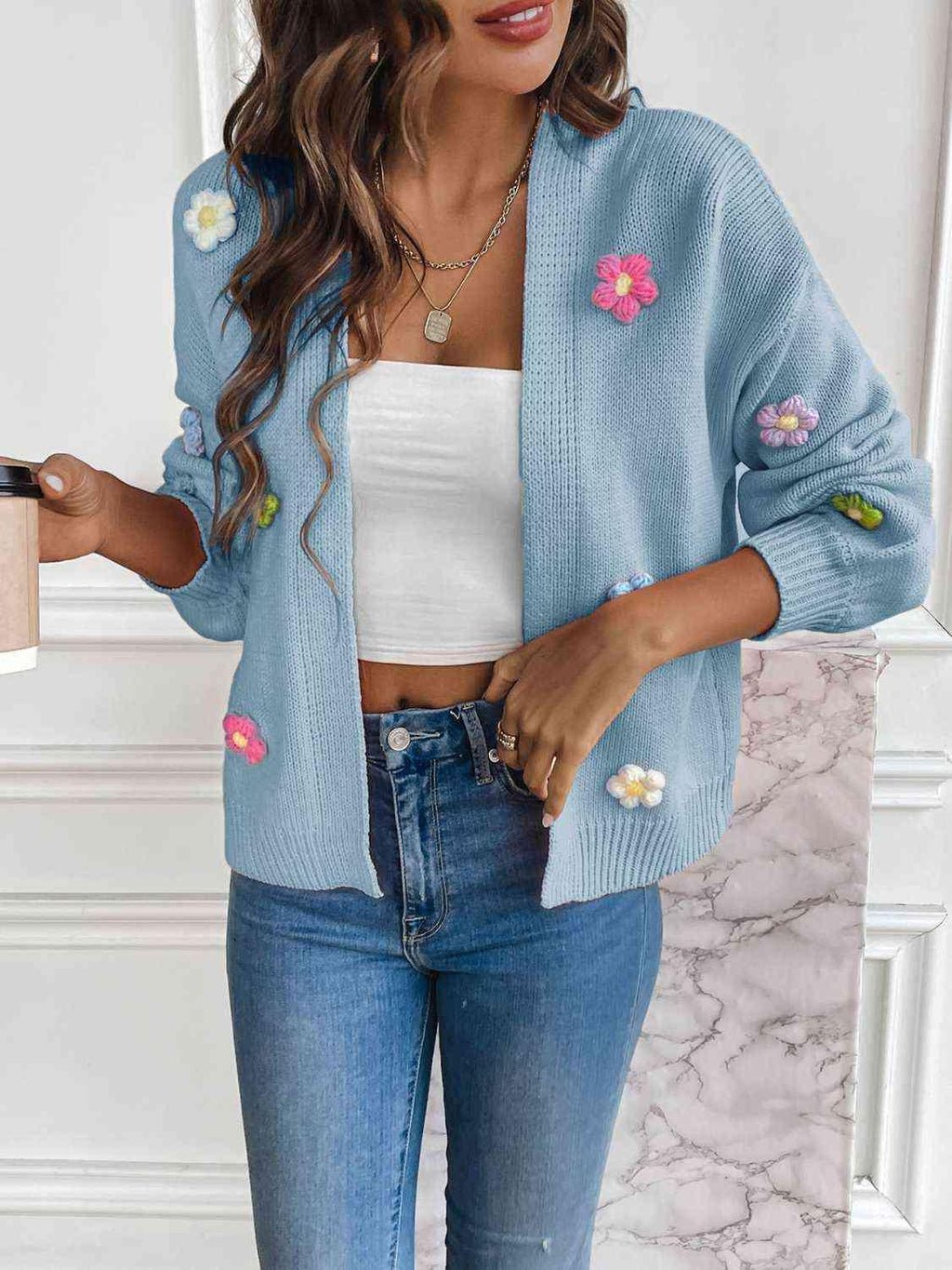 Sweet Embroidered Floral Open Front Cardigan Misty Blue Bazaare Mart Floral Open Front Cardigan