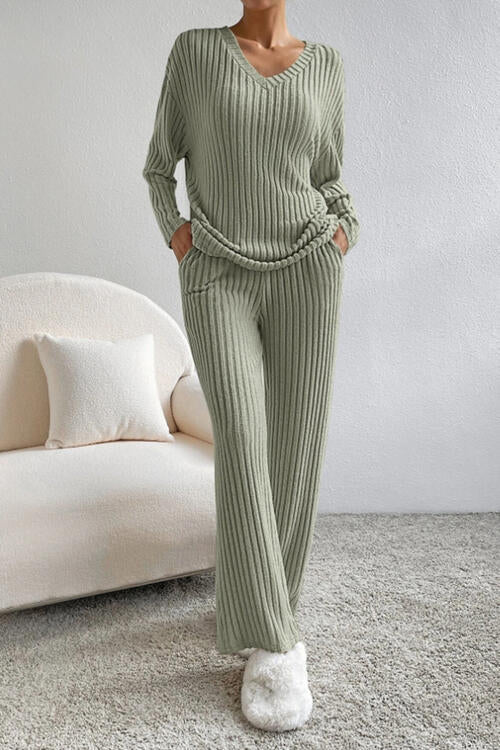 Ladies Olive Ribbed V-Neck Lounge Wear Set