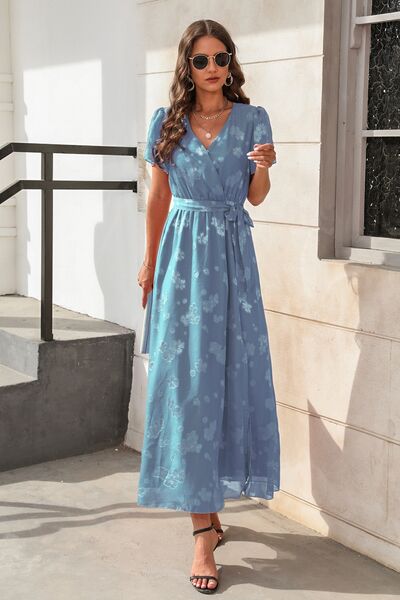 Blue Floral Cap Sleeve Maxi Dress