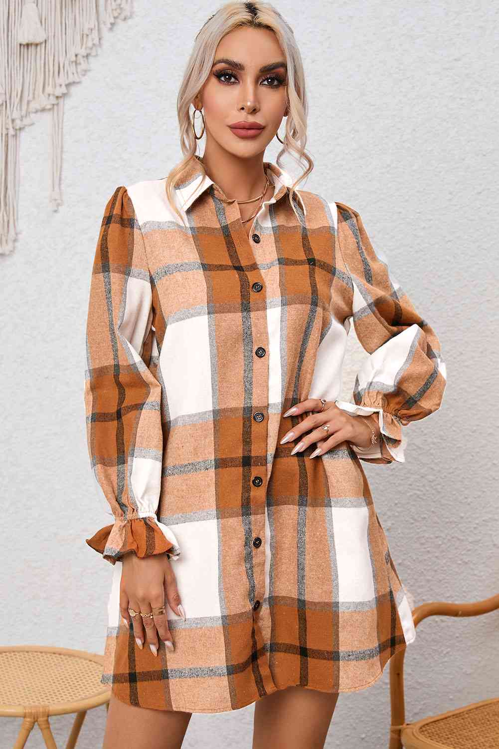 Ochre Plaid Shirt Dress