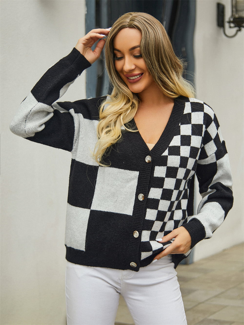 Plaid V-Neck Dropped Shoulder Cardigan - Multi