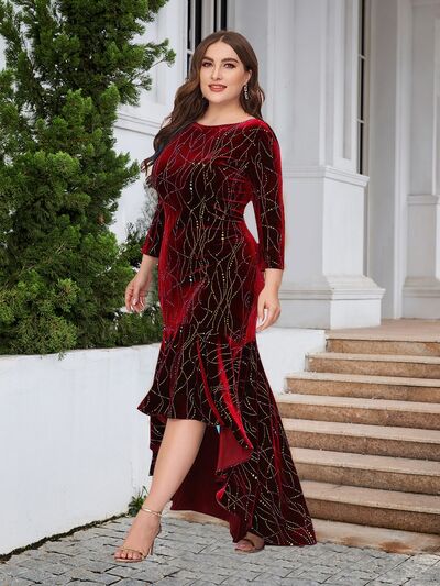 Formal Plus Size Velvet Ruffle Hem Sparkly High-Low Dress