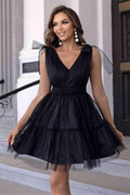 Formal V-Neck Mesh Party Dress Black Trendsi Short Sleeveless Party Dress
