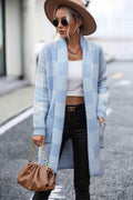 Plaid Dropped Shoulder Cardigan with Pocket Misty Blue Trendsi Cardigan