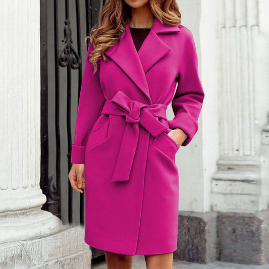 Woman wearing a magenta Full Length Winter Wrap Around Coat