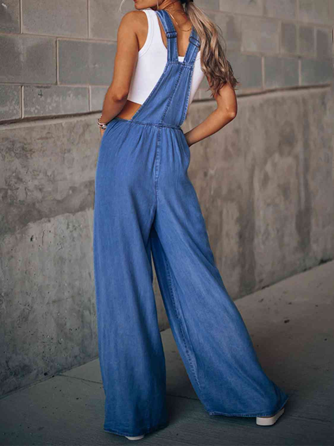 Back view of Wide Leg Denim Overalls
