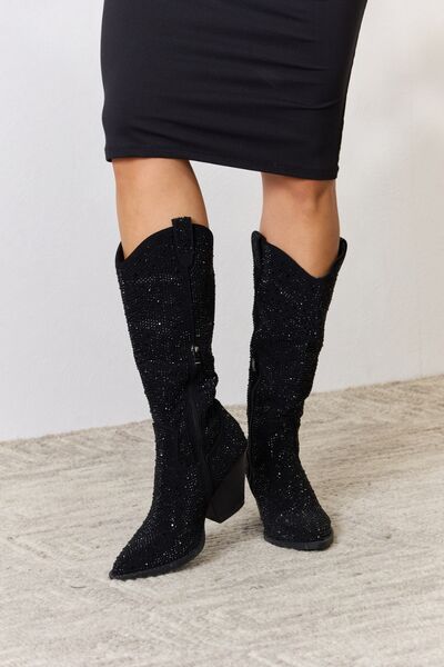 Black Rhinestone Knee High Cowgirl Boots