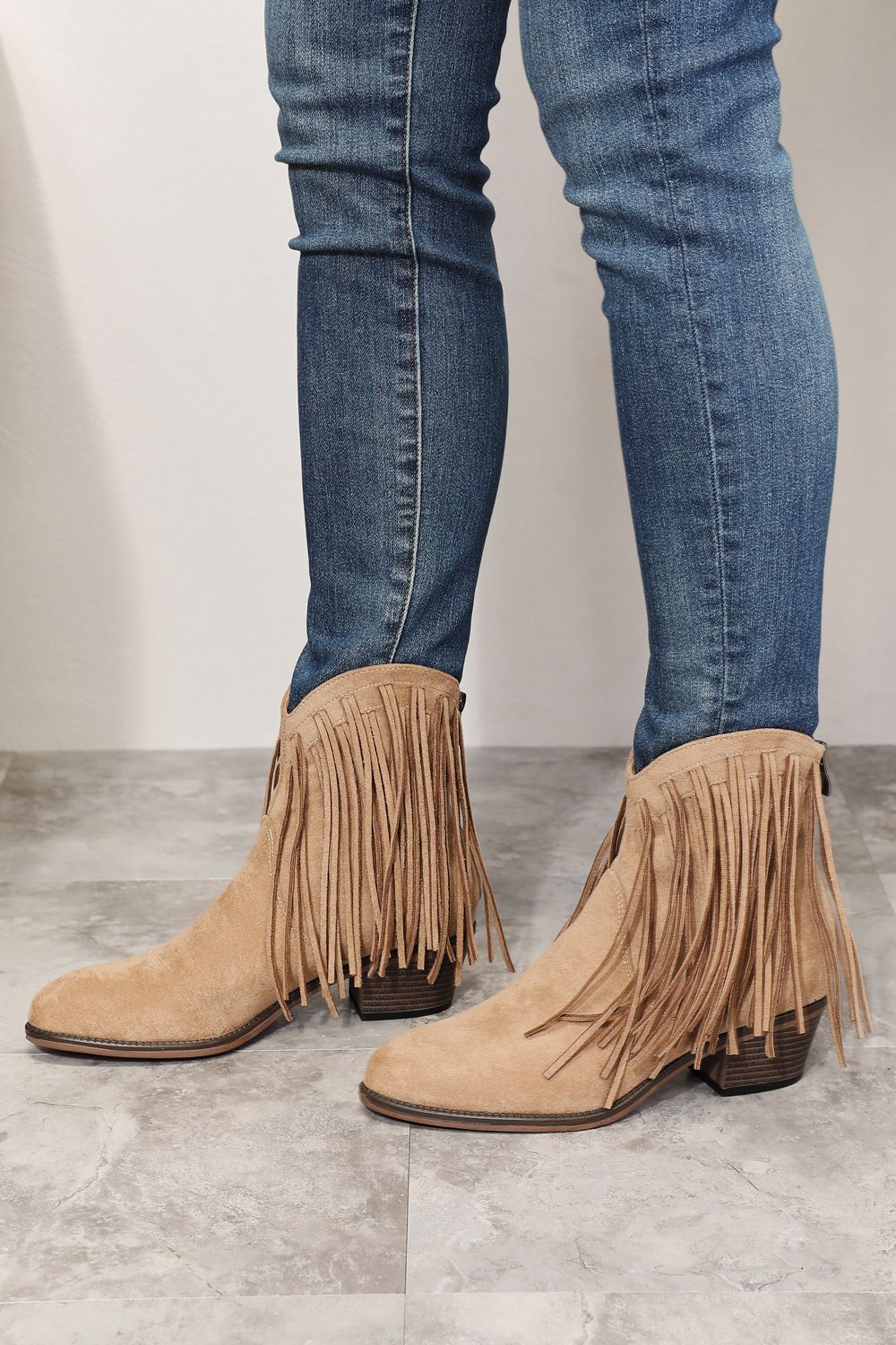 Beige Faux Suede Fringe Ankle Boots