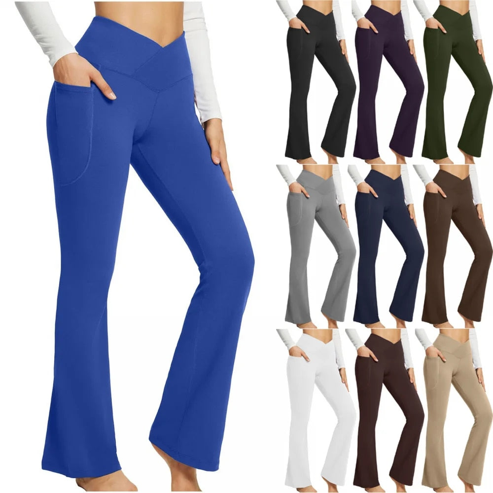 Flare Leggings, Mid Waist Crossover Yoga Pants