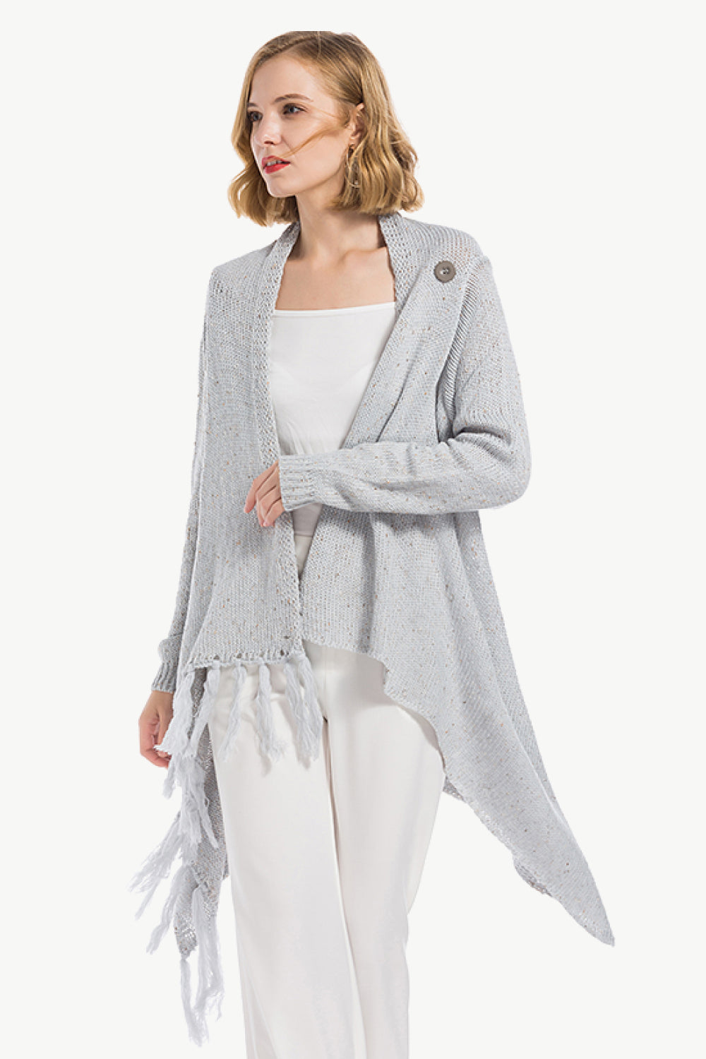One-Button Tassel Tie Asymmetrical Hem Cardigan - Bazaare Mart