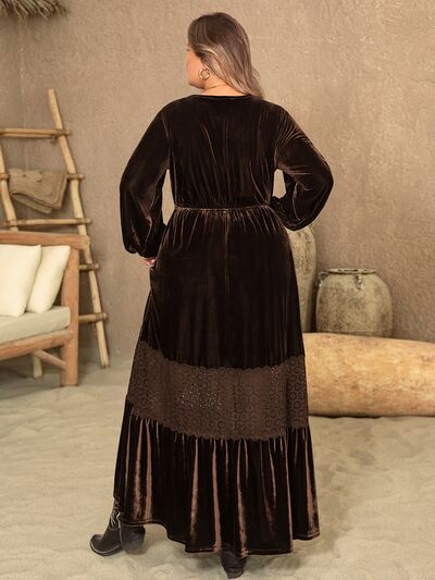 Brown Velvet Plus Size V-Neck Long Sleeve Maxi Dress