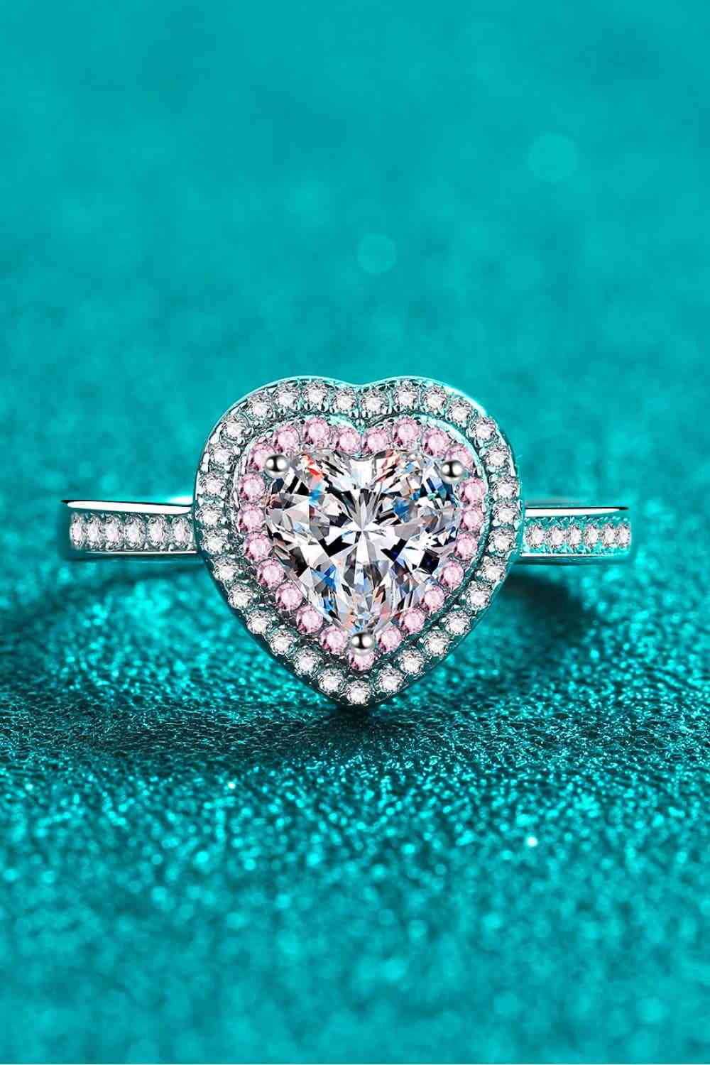 Silver Rhodium-plated 1 Carat Heart Shaped Moissanite Double Halo with Pink Stones Ring