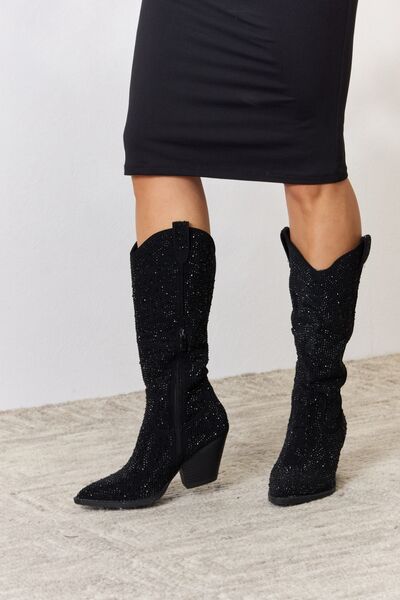 Black Rhinestone Knee High Cowgirl Boots