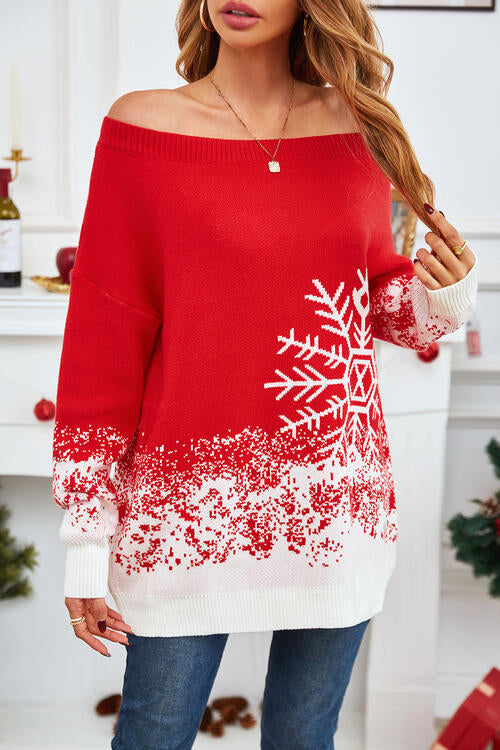 Off-Shoulder Red Snow Flake Sweater