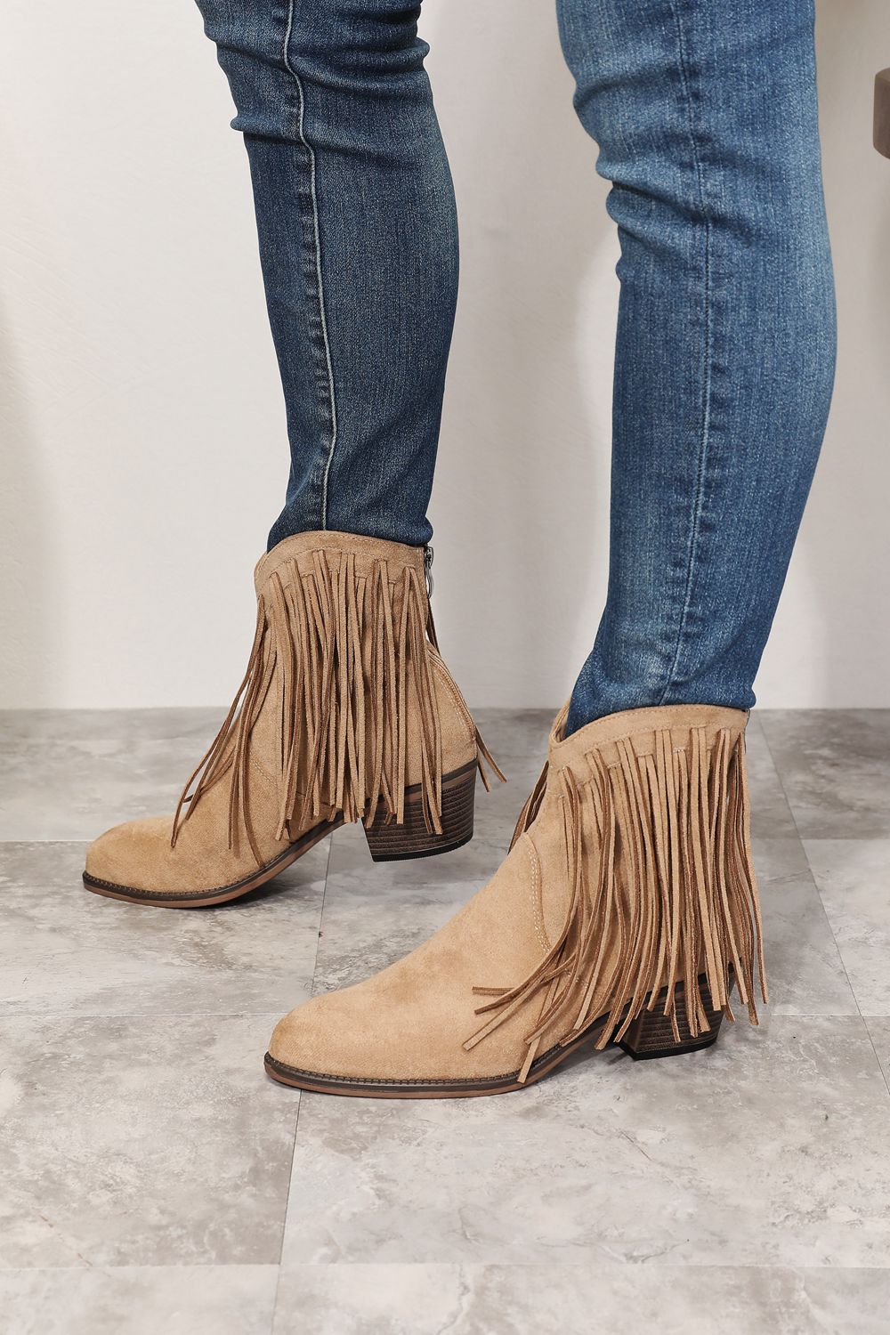 Beige Faux Suede Fringe Ankle Boots