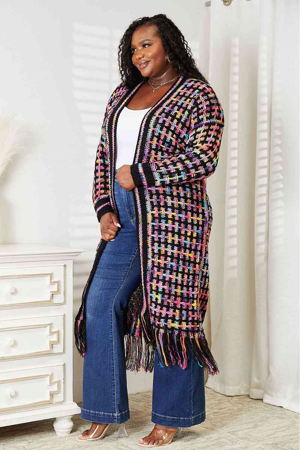 Colorful Fringe Hem Long Cardigan