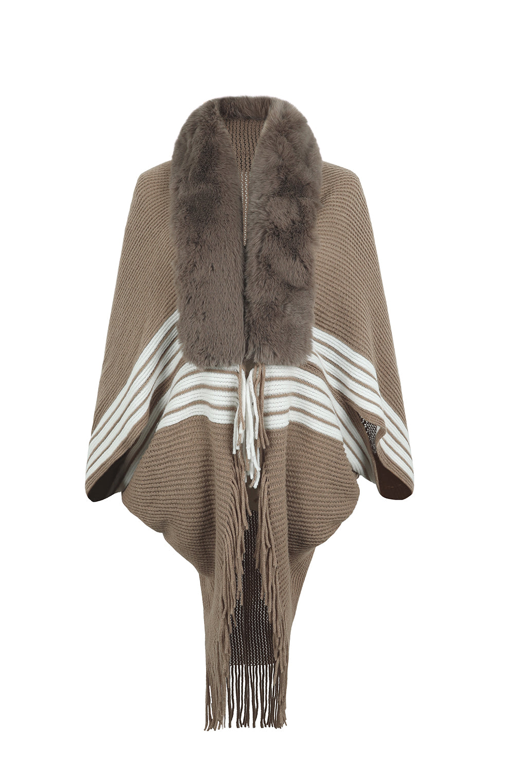 Fur Trim Striped Fringe Long Sleeve Sweater - Bazaare Mart