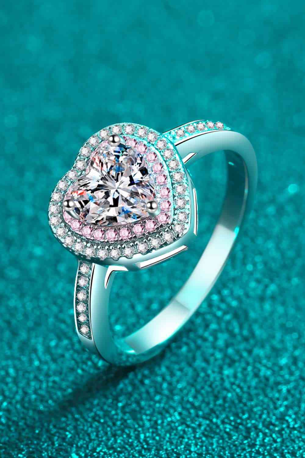 Silver Rhodium-plated 1 Carat Heart Shaped Moissanite Double Halo with Pink Stones Ring