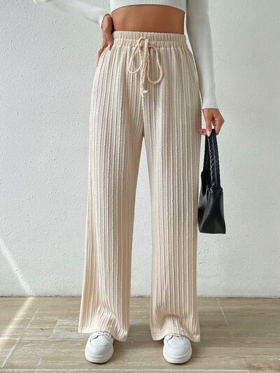 Beige Drawstring Wide Leg Pants