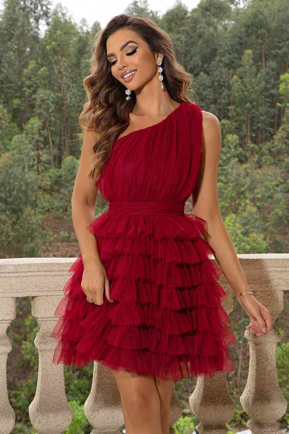 Formal One-Shoulder Sleeveless Frilly Dress