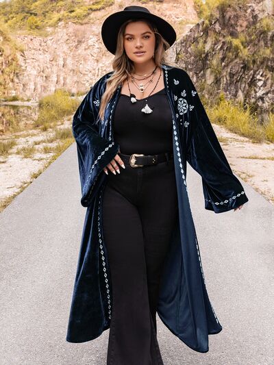 Plus Size Navy Embroidered Open Front Duster