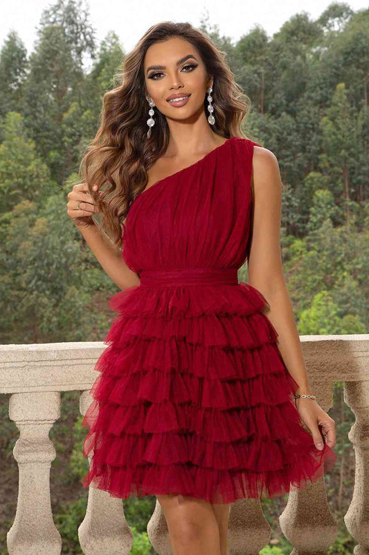 Formal One-Shoulder Sleeveless Frilly Dress