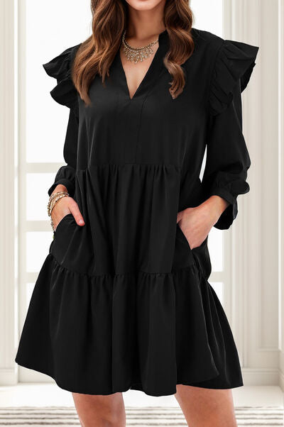 Office Dress Ruffled V-Neck Long Sleeve Mini