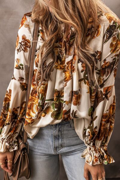 Floral Notched Long Sleeve Blouse