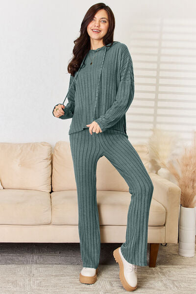 French Blue Plus Size Ribbed Hoodie Top and Pants Set