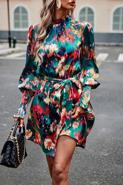 Office Dress Floral Tie Waist Lantern Sleeves Bazaare Mart Long Sleeve Dress