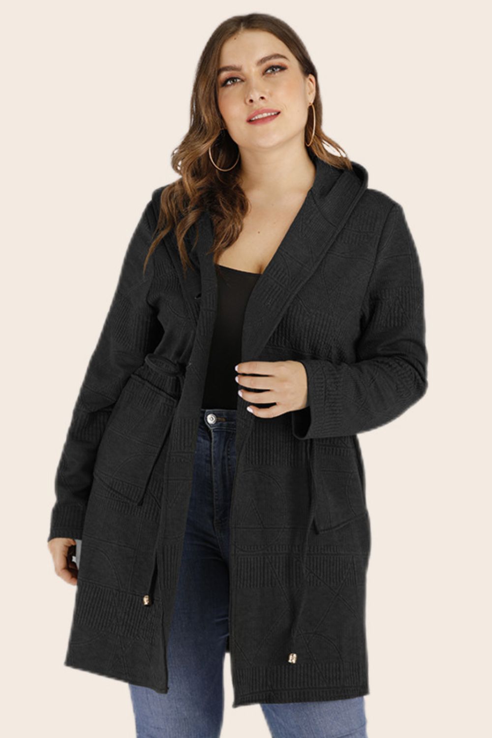 Black Plus Size Drawstring Hooded Cardigan with Pockets 