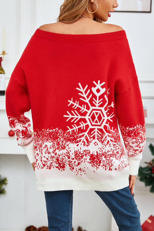 Off-Shoulder Red Snow Flake Sweater