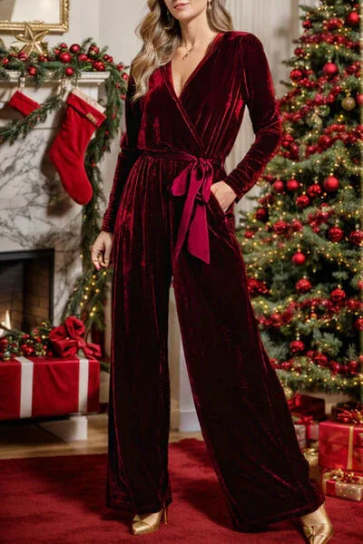Tie Waist Long Sleeve Wide Leg Jumpsuit Wine Bazaare Mart Velvet Jumpsuit