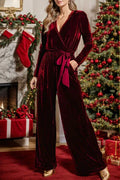 Tie Waist Long Sleeve Wide Leg Jumpsuit Wine Bazaare Mart Velvet Jumpsuit