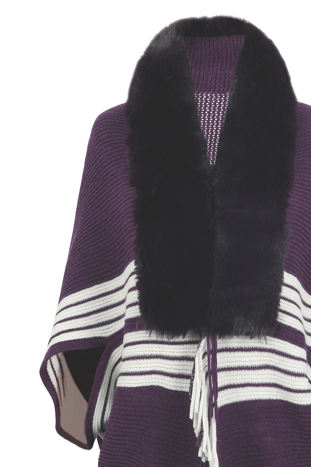 Fur Trim Striped Fringe Long Sleeve Sweater - Bazaare Mart