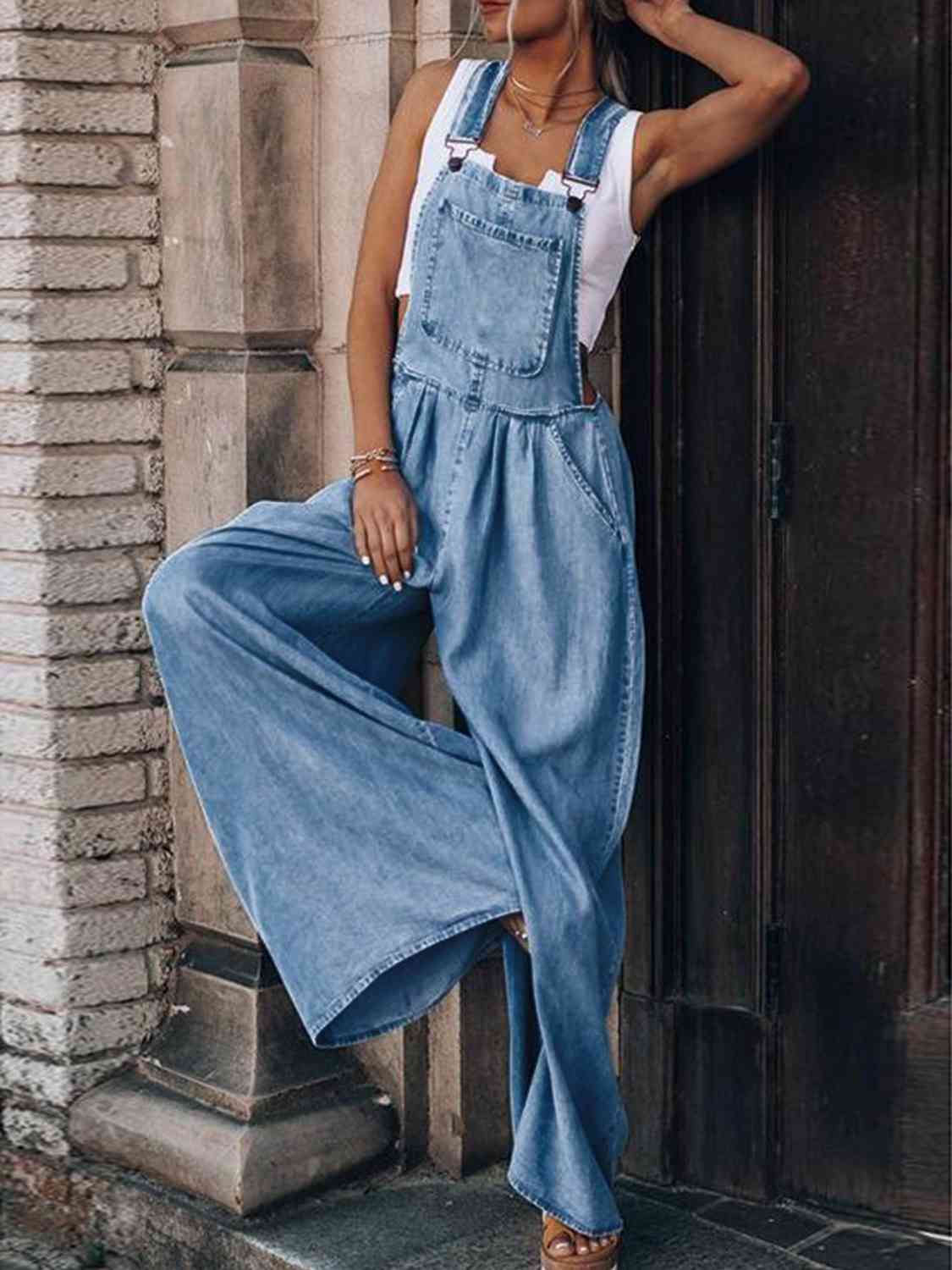 Light Blue Wide Leg Denim Overalls