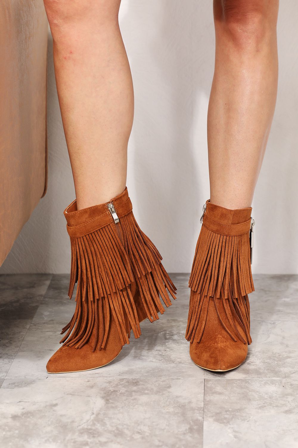 Fringe Faux Suede Wedge Heel Booties - Bazaare Mart