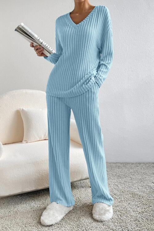Ladies Ribbed V-Neck Loungewear Set