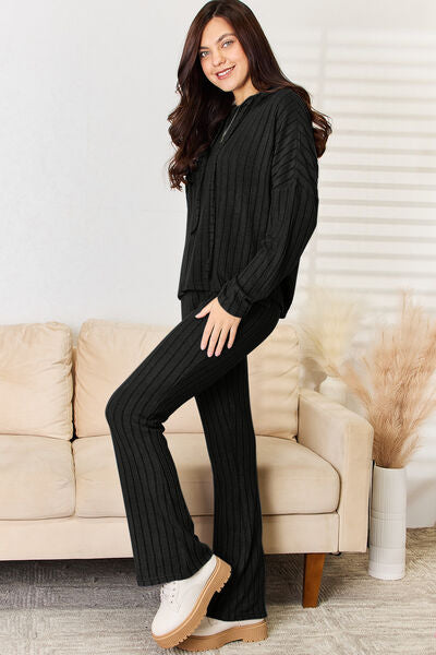 Black Plus Size Ribbed Hooded Lounge Set