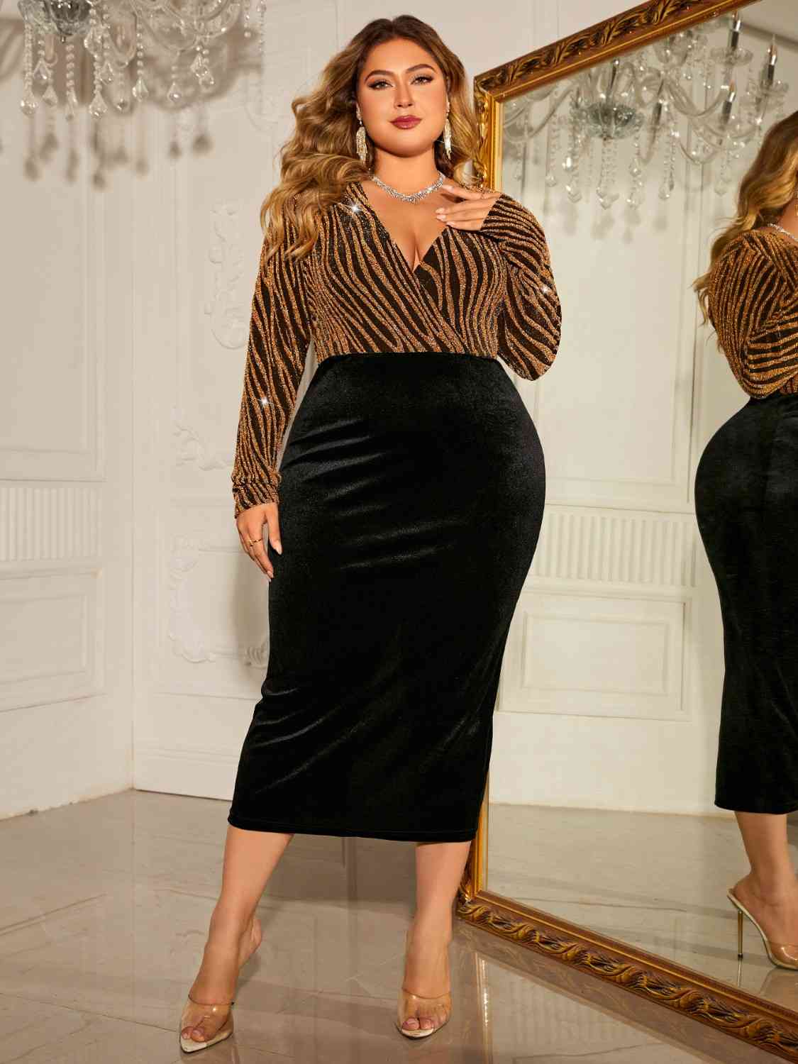 Formal Plus Size Surplice Neck Long Sleeve Slit Dress