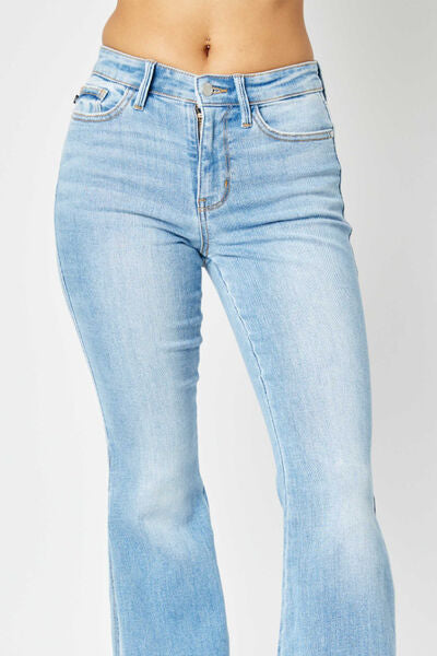 Mid Rise Stone Washed Raw Hem Side Slit Flare Jeans