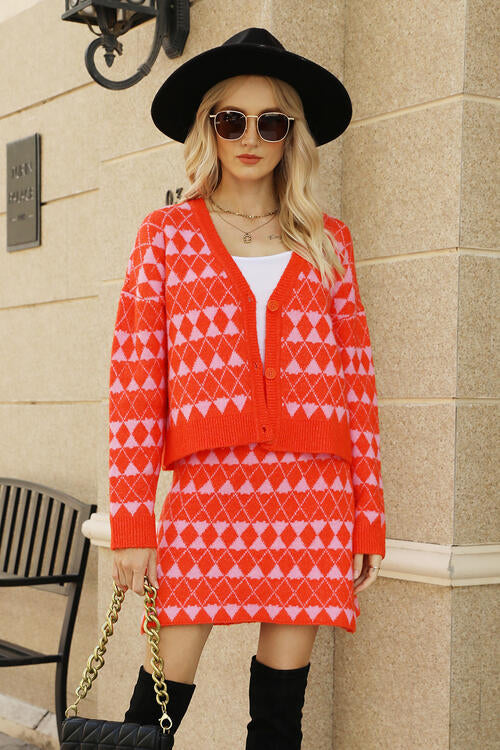 Geometric Button Front Cardigan and Skirt Set - Bazaare Mart