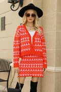 Geometric Button Front Cardigan and Skirt Set Red Trendsi Sweater Skirt Suit