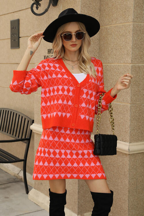 Geometric Button Front Cardigan and Skirt Set - Bazaare Mart