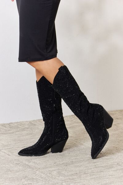 Black Rhinestone Knee High Cowgirl Boots