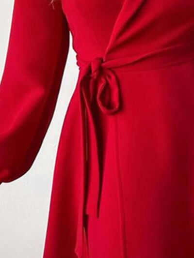 Office Dress Surplice Wrap Around Tie-Waist with Long Balloon Sleeves