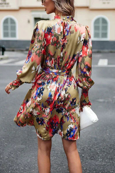 Office Dress Floral Tie Waist Lantern Sleeves Bazaare Mart Long Sleeve Dress