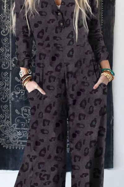 Charcoal Wide Leg Long Sleeve Leopard Jumpsuit